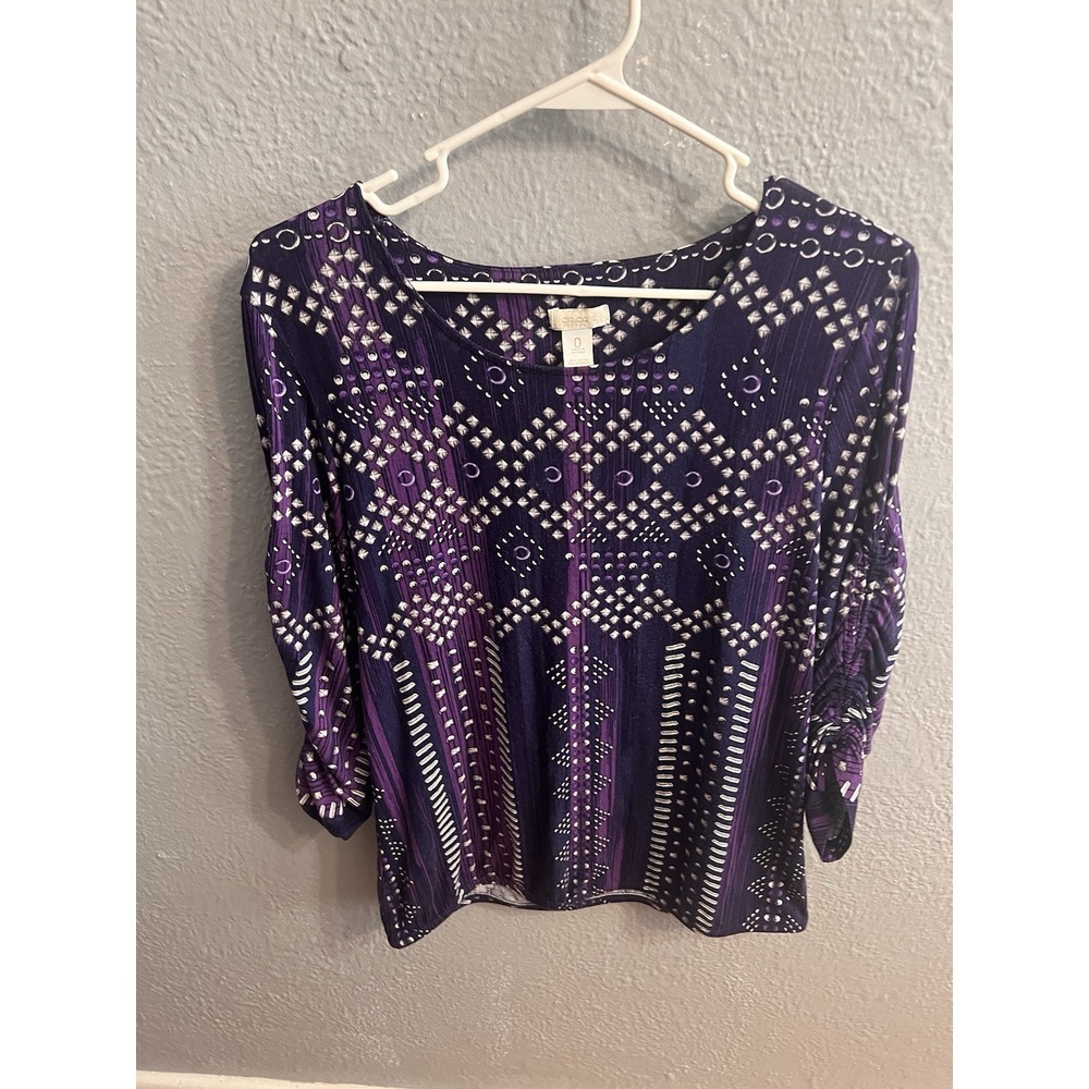 Chico's Patterned 3/4-Sleeve Blouse Size 0 Purple & White Womens